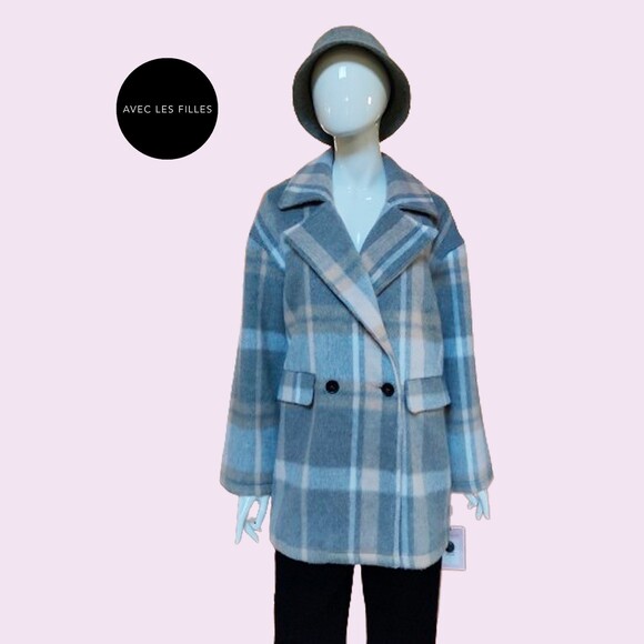 AVEC LES FILLES NEW Plaid Double Breast Flap Pockets Peacoat L - Picture 2 of 11